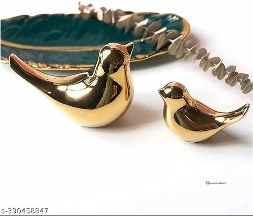 Golden ceramic birds figurines, pack of 2, ideal for home decor in living room, bedroom, office desk