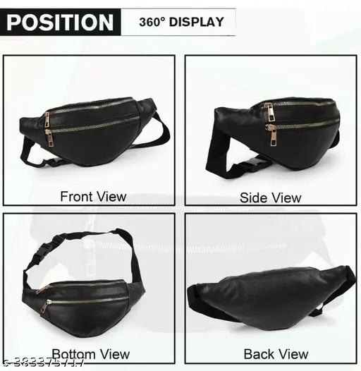 Genuine leather unisex waist/shoulder bag for outdoors, waterproof and adjustable. Black color, suitable for running, hiking, cycling, dog walking, fishing, and travel. Provides peace of mind with 2 zipped compartments. Indian-made