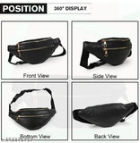 Genuine leather unisex waist/shoulder bag for outdoors, waterproof and adjustable. Black color, suitable for running, hiking, cycling, dog walking, fishing, and travel. Provides peace of mind with 2 zipped compartments. Indian-made