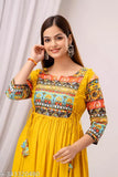 Yellow cotton anarkali kurta with colorful print