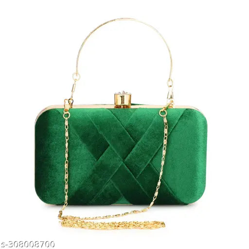 Green velvet clutch purse with gold chains and tassel, for women's formal events