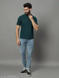 Mens solid cotton blend half sleeve polo neck T-shirt, printed with denim jeans pattern. Short sleeves, size XL (44in chest, 29in length). Made in India