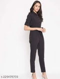Black crepe collar jumpsuit on hanger, beautifully designed women's solid black attire with three-quarter sleeves