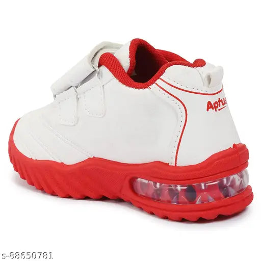 Red, white, and black LED casual shoe with unique style for boys and girls, featuring a distinctive foot design