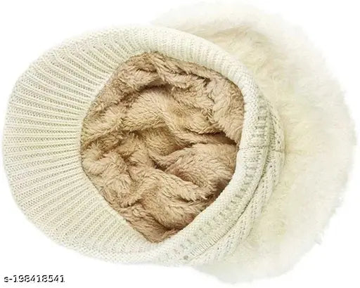 Two beige fur-lined woolen beanies, visor style, girls' fashionable winter accessory