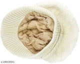Two beige fur-lined woolen beanies, visor style, girls' fashionable winter accessory