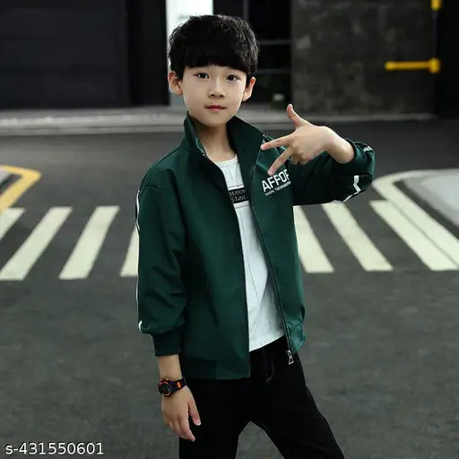 Boys' zipper jacket, navy blue and green with white stripes on sleeve