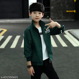 Boys' zipper jacket, navy blue and green with white stripes on sleeve