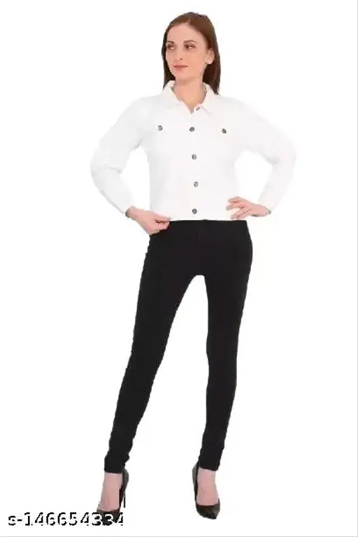 White denim jeckit for women, solid-colored long sleeve style, S to XL sizes available, India origin