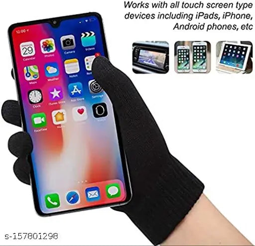 Wooly neck scarf & touch screen gloves set (solid pattern), warm cap included - dual-layer acrylic knit for men & women