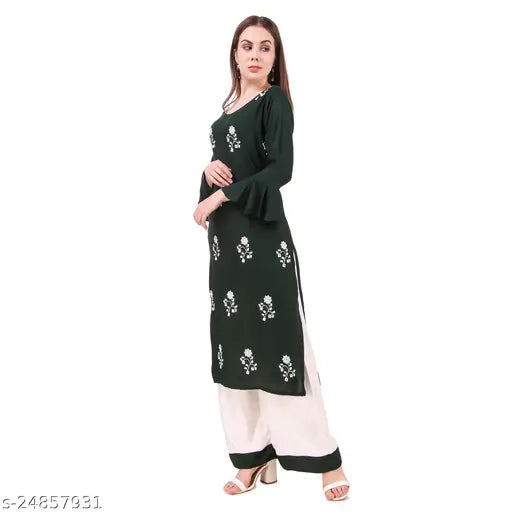 Rayon kurta set with palazzos, embroidered net design, three-quarter sleeves, India-made women's fashion, size M-XXXL
