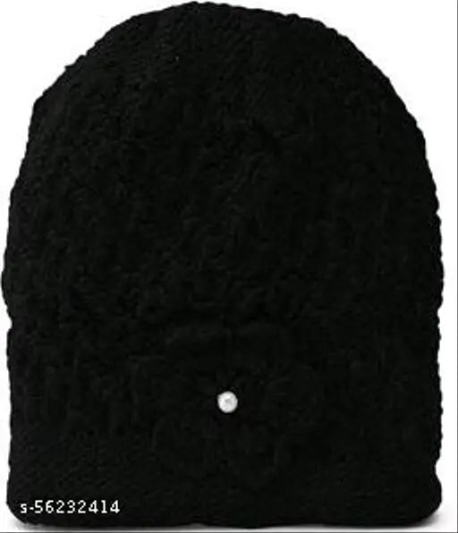 Warm black and gajri woolen beanie caps, hand-knitted with floral detail, perfect for winter wear