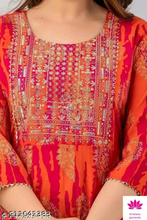 Orange rayon embroidered anarkali kurti with gold print and sequin work, three-quarter sleeves
