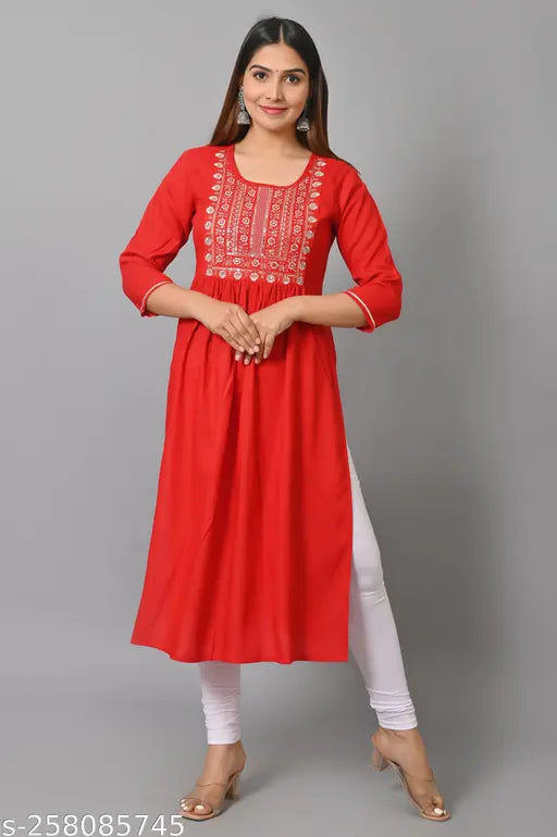 Red rayon naira cut kurta with embroidery, sleeveless, side slit