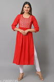 Red rayon naira cut kurta with embroidery, sleeveless, side slit