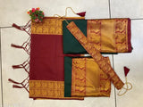 Traditional South Indian Kids Art Silk Half Saree set, unstitched Lehenga & Dupatta with Zari work, Litchi Silk fabric, free size, 2.3m dupatta length, both sides tussled, belt included, Indian origin