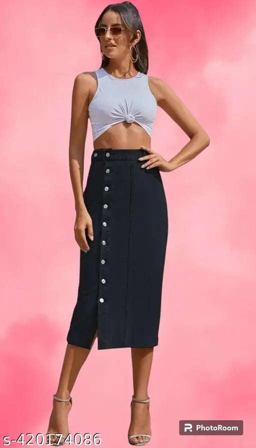 Woman wearing a black long denim skirt