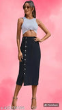 Woman wearing a black long denim skirt