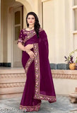 Purple embroidered saree with intricate designs, high neck, and pallu