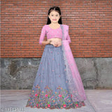 Embroidered kids net lehenga choli, dupion silk top and net duppatta with semi-stitched embroidery and cut work border, 9-12 years size