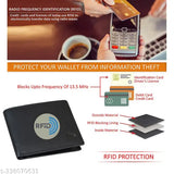 Black genuine leather men's wallet with RFID blocking, two compartments, and a coin pocket for organized storage