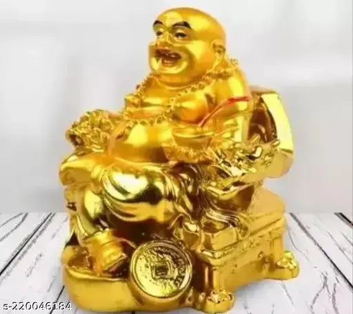 Poly resin Laughing Buddha sitting on chair, symbolizing prosperity and wealth from India
