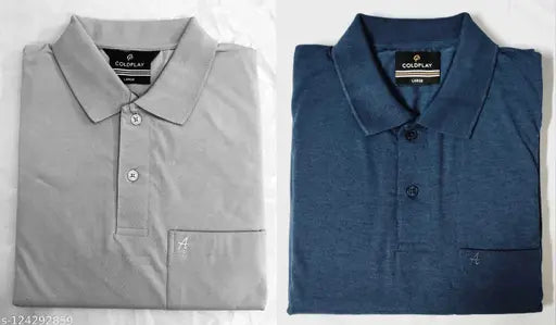 Ash grey navy melange combo half sleeve polo with pocket, cotton blend for casual wear