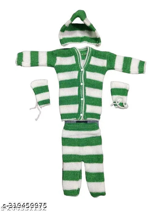 Striped wool winter wear set: Newborn boy and girl sweater, pajama, cap, booties combo (set 3), India