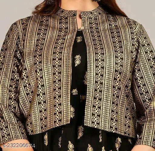 Black rayon Anarkali kurti long for women, sleeveless, printed combo on display
