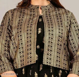 Black rayon Anarkali kurti long for women, sleeveless, printed combo on display