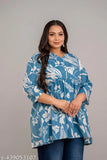 Teal plus size rayon short kurti, flared and printed for a trendy Indian look, XXXL to 8XL sizes
