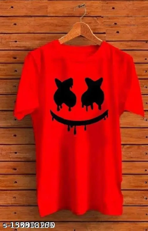 Grey polyester t-shirt with CSK Aashu emoji smiley print for men and women, featuring short sleeves and a printed design. Available in S, M, L, XL, XXL sizes