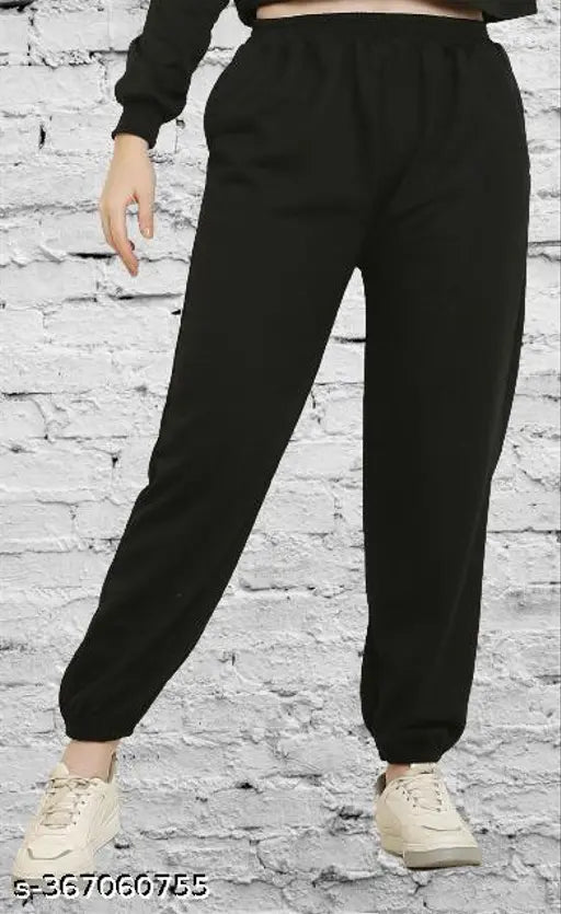 Black cotton joggers, women's solid color winter wear, plus size