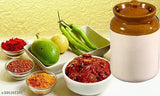 Ceramic jar, 3000ml, holding two small salt containers, part of an achaar pickle set in a packaging design