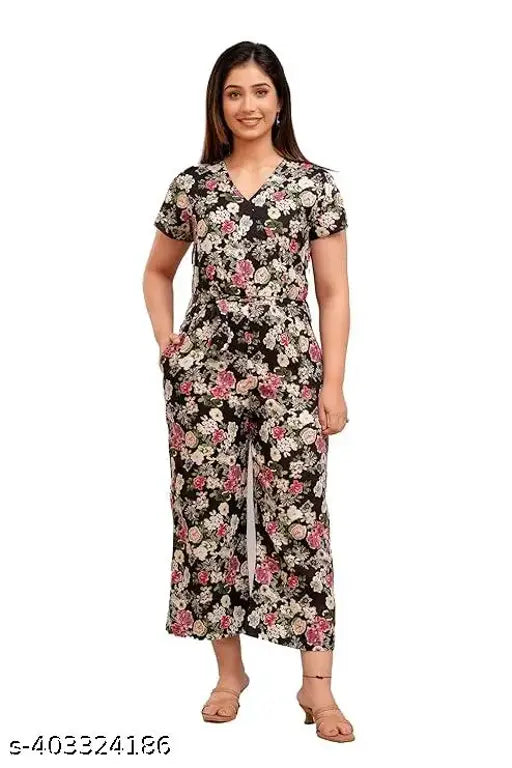 Multicolor rayon short-sleeved jumpsuit, printed pattern, available in sizes S-XXL for versatile occasions, origin India