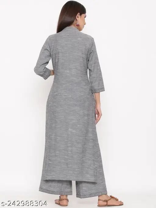 Dark Grey Embroidered Net Cotton Kurta Palazzo set for women, Indian ethnic wear
