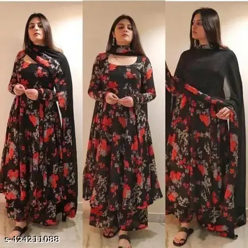 Stylish modern georgette dress, long sleeves, printed pattern. Women's size N-XXXL, made in India