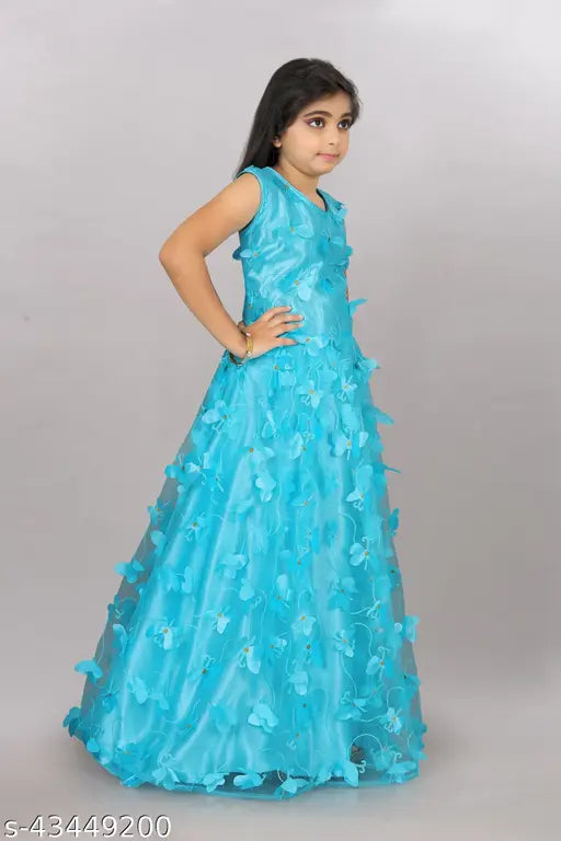 Aqua Blue Net Frocks for Girls (2-12 years), embellished with butterfly embroidery, sleeveless dress, net fabric