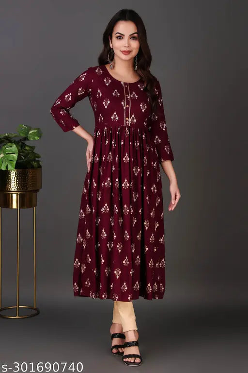 Printed rayon Anarkali kurta, three-quarter sleeves, vibrant Indian fashion for women
