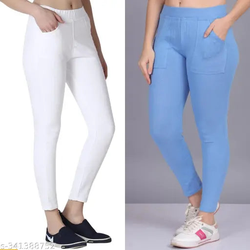 Cotton blend ankle type jeggings with pocket combo, breathable and stretchy for casual or outdoor wear. Solid color, suitable size for 26-32 inch waist
