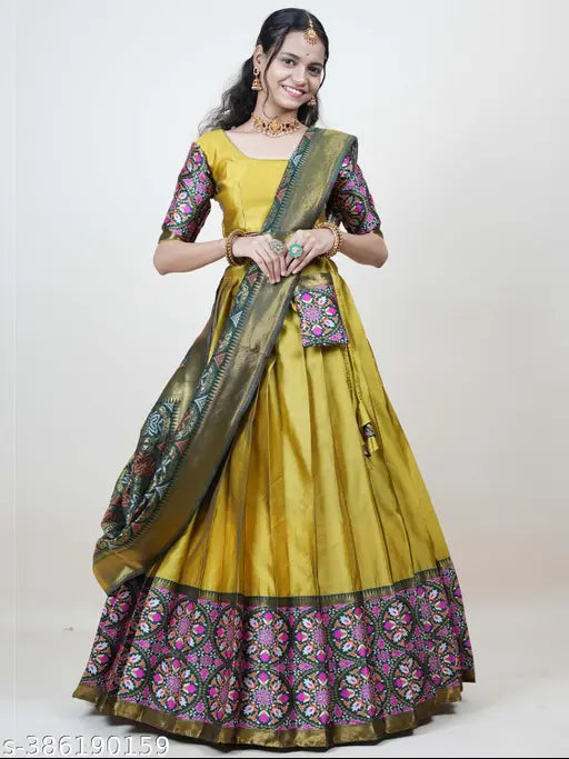 Unstitched South Indian style half saree set in litchi silk zari work, featuring a choli and dupatta, 3.75m unstitched lehenga with solid woven blouse and 2.4m dupatta, both sides tussled and belt provided, India origin