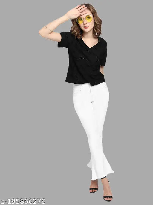 Indian-made women's ankle length denim jeans - stretchable, machine washable, boot cut bell bottom with minimal sleek aesthetics