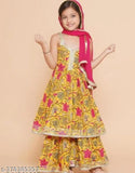 Kids rayon kurta sharara set with chiffon dupatta, printed design for 5-6 or 7-8 years old, India origin
