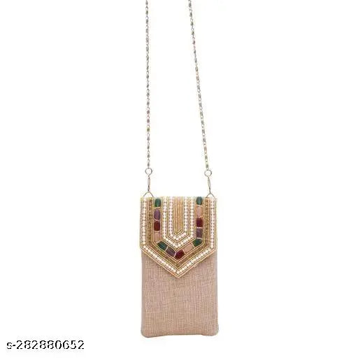 Handcrafted beaded clutch with chain strap and saree hook, ideal for formal events