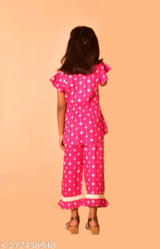 Nanci Girls rayon print top and pyjama pants set for kids, featuring floor length straight shirt with short sleeves, sizes ranging from 3-4 to 13-14 years. Made in India