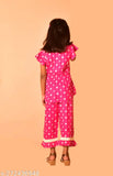 Nanci Girls rayon print top and pyjama pants set for kids, featuring floor length straight shirt with short sleeves, sizes ranging from 3-4 to 13-14 years. Made in India