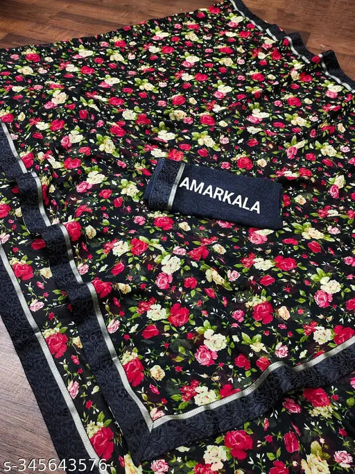 Georgette printed floral saree with black paisley detail