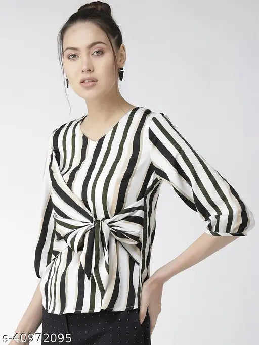 Black and beige striped polyester top, off-white with three-quarter sleeves & v-neck, Style Quotient Women's size