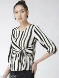 Black and beige striped polyester top, off-white with three-quarter sleeves & v-neck, Style Quotient Women's size