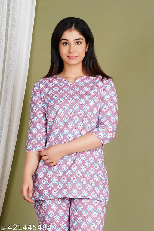 Multicolor ethnic motif cotton kurta set with pants, night suit for women - soft, breathable fabric for comfortable relaxation or sleep